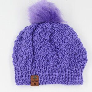 Handmade Hand Knit Purple Double Moss Stitch Beanie Hat with Faux Fur Pom Pom